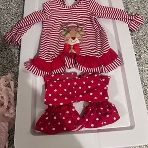 Rare Editions Red and White Striped Baby outfit with Christmas reindeer